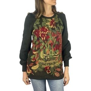VALENTINO BOUTIQUE VINTAGE FLORAL GREEN RED GOLD ROUND NECK PULLOVER SWEATER